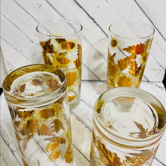 Set of 4 Vintage Mid Center Modern Pokee Yellow 22K Gold Chrysanthemum glasses - Picture 7 of 8